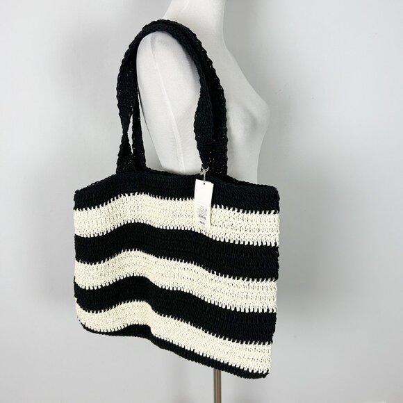 NEW A New Day Hand Crafted Woven Tote Bag Black & Ivory Crochet - Picture 4 of 5